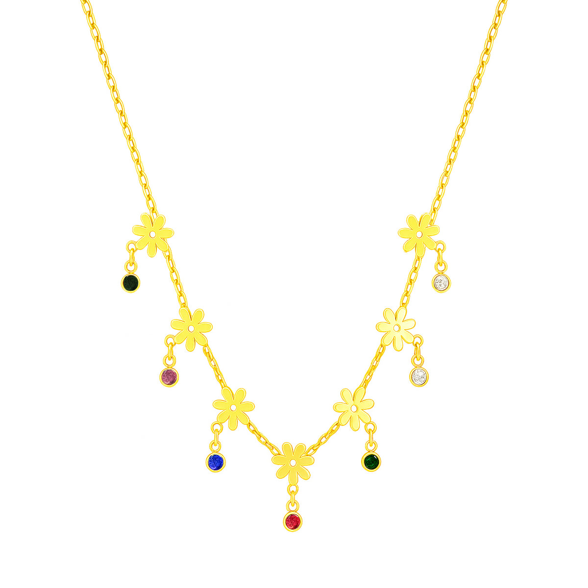 Gold necklace with flower-shaped pendants on a white background